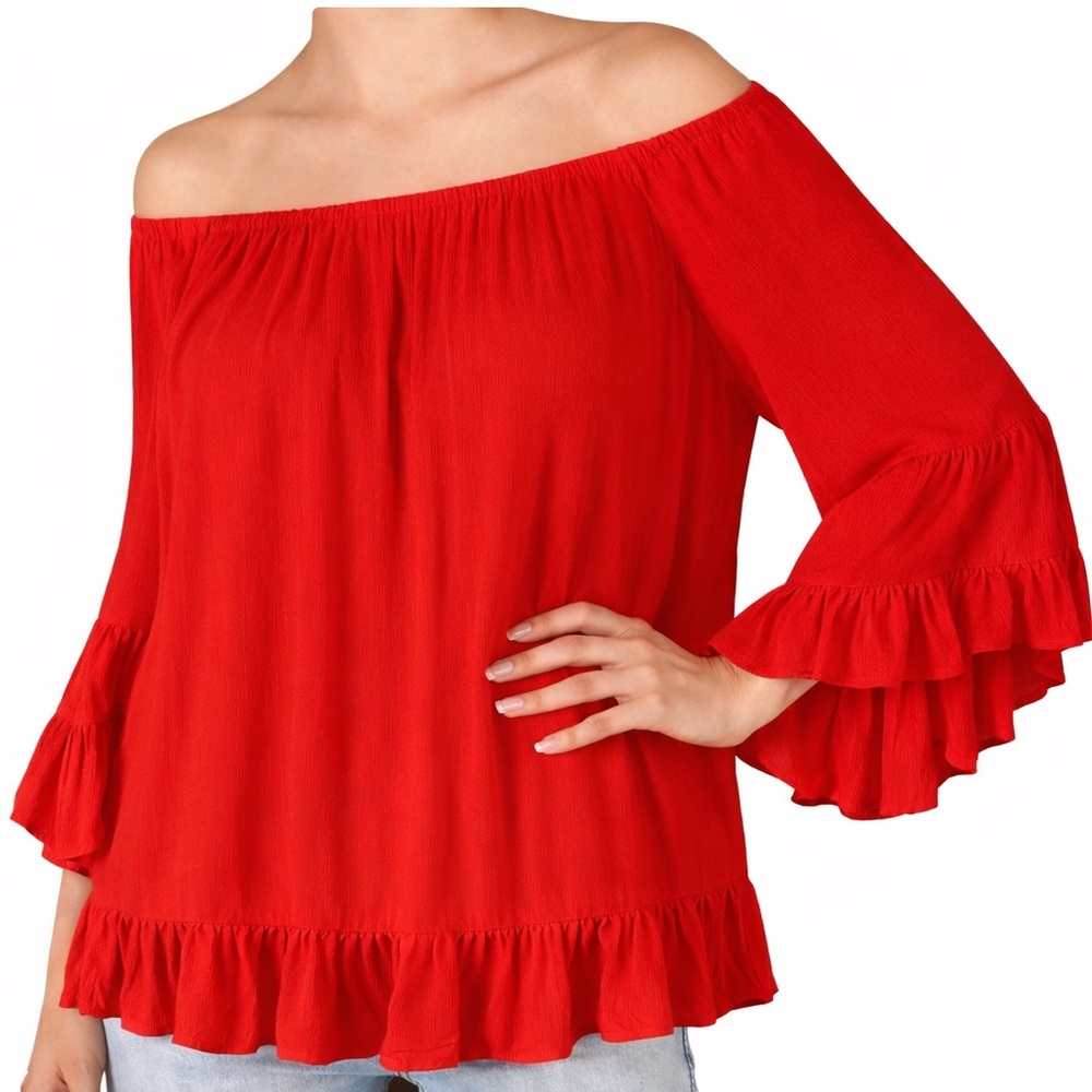 beachlunchlounge Red Off-Shoulder Ruffle Top